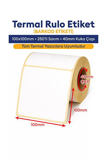 Barkod Etiketi 100 X 100 500'lü Termal Etiket Rulosu 100x100 Sticker 500 Adet Sarım 100x100